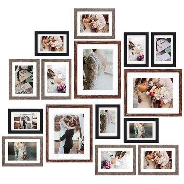 Fixwal Picture Frames Set, Gallery Wall Frame Set Picture Frames Collage 15 Pack for Wall or Tabletop with 8x10 5x7 4x6 Frames, Rustic Picture Frames in 3 Different Finishes