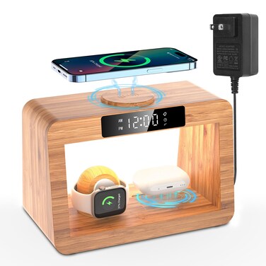 Bamboo Wireless Charging Station: Fast Charger Stand for iPhone 15/14/13/12/11 Pro Max/X/Xs Max/8, AirPods Pro, iWatch Series SE - 3-in-1 Dock