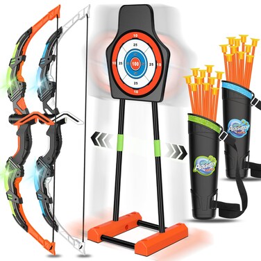 Bow and Arrow for Kids 8-12, Upgraded Kids Archery Set with Automatic Moving Target, Sport Game Toy with 20 Suction Cup Arrows 2 Led Light Bows&amp;Quivers, Gift for Boy Girl Age 3 4-6 10(2Pack)