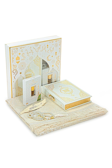 ihvan online Prayer Gift Set for Hajj and Umrah, Muslim Prayer Rug, Prayer Mat, Beads Taasbih, Holy Quran Translated English, Muslim Praying Mat, Islamic Gift Set for Ramadan &amp; Eid, White