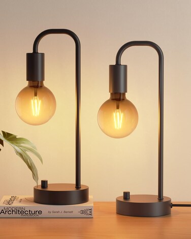 ONEWISH Industrial Table Lamp Set of 2, Fully Dimmable Beside Lamp with Gradient Black Art LED Bulb, Modern Nightstand Desk Lamp for Bedroom, Living Room, Office, Reading(Bulb Included)