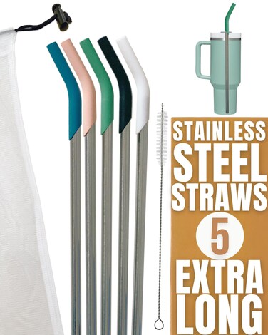 purifyou Stainless Steel Straws with Silicone Tips, 14.5in Extra Long &amp; Wide Reusable Metal Straws for Stanley and 40oz Tumblers, Portable Case, Cleaning Brush, Durable Drinking Straws (Set of 5)