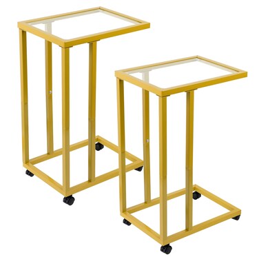 Fixwal C-Shaped End Table Set of 2, Tempered Glass Couch Table Snack Side Table with Metal Frame, TV Tray Table for Living Bedroom Coffee Snack Laptop Sofa Couch and Bed, Gold