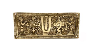 Two Moustaches Brass Shankh Chakra Namah with Hanuman and Garuda Wall Hanging, Antique White, Standard, Pack of 1