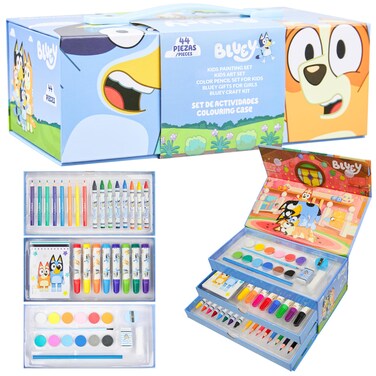 Bluey Kids Art Supplies Set, Painting Drawing Kit Crayons Coloring Pencils Colored Markers in Travel Art Case Fun Arts and Crafts (Blue 3 Tier)