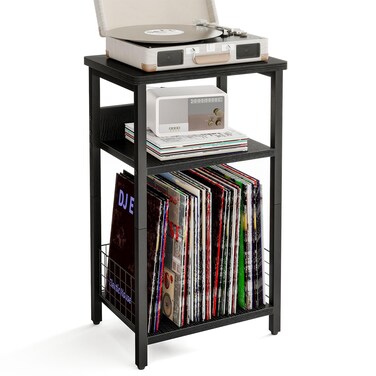 Fixwal 3-Tier Record Player Stand, Dedicated Side Table for Album Storage, End Table with Open Storage, Nightstand with Vinyl Storage, for Living Room Bedroom, Black