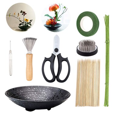 WANDIC Flower Arrangement Kit, Set of 51, Round Flower Holders, Ceramic Flower Pot, Kenzan Needle Cleaning Pin &amp; Rake, Floral Stems and Floral Tape for Flower Arranging Art