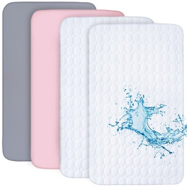 Crib Sheets and Waterproof Crib Mattress Protector 4 Pack Set,Waterproof Crib Sheets Mattress Pad Cover for Baby Boys and Girls, Grey&amp;Pink