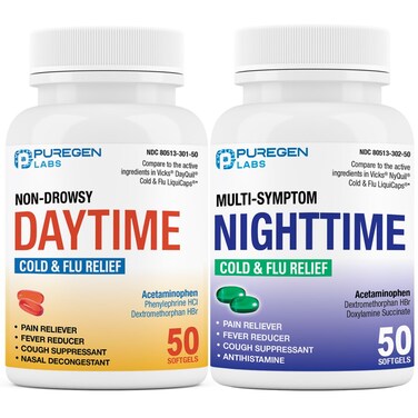Puregen Labs Daytime and Nighttime Combo Pack, Cold and Flu Relief Medicine   Powerful Multi-Symptom Daytime and Nighttime Relief for Headache, Fever, Sore Throat, Cough, Congestion and Aches