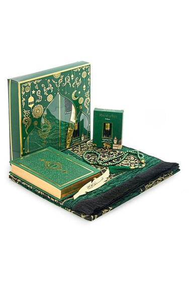 ihvan online Prayer Gift Set for Men &amp; Women, Muslim Prayer Rug, Salah Mat, Beads Taasbih, Arabic Holy Quran, Islamic Gift Set for Ramadan &amp; Eid, Green