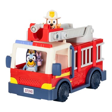 Bluey Firetruck   Firetruck, Exclusive Firefighter Bingo and Bob Bilby Figures   Raise The Ladder, Spin It Around and Roll Out The Hose   Includes Sticker Sheet