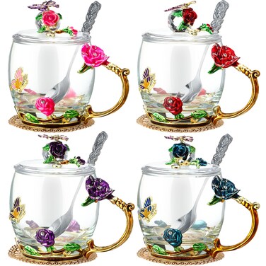 Nuanchu 4 Sets Flower Glass Tea Cups with Lids and Spoon Butterfly Vintage Glass Coffee Mugs Floral Fancy Clear Teacup for Mother's Day Women Mom Wife Girlfriend(Pink, Purple, Blue, Red,11 oz)