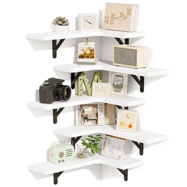 Fixwal Corner Floating Shelves Set of 5, Rustic Wood Wall Mounted Corner Shelf for Bathroom, Kitchen, Bedroom, Home Decor, Laundry Room, Living Room (White)