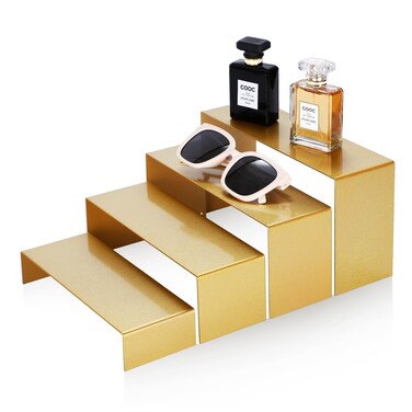 DI QIU REN Gold Perfume Display Stand, 4 Sizes Metal Display Risers, Gold Countertop Display Holders for Purse Jewelry Handbag,Desserts Display Holder