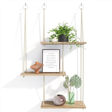 Fixwal Hanging Shelves for Wall, 3 Tier Boho Wall Decor Plant Rack Floating Shelves Rope Rustic Wood Organizer Storage Hanger for Aesthetic Home Bedroom Kitchen Bathroom- Rustic Brown