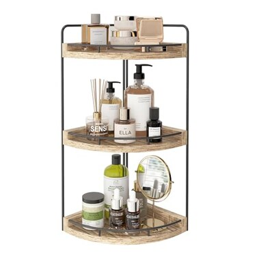 Fixwal Corner Bathroom Counter Organizer, 3 Tier Rustic Bathroom Organizer, Wood Countertop Storage Tray for Vanity, Kitchen, Bedroom (Light Brown)