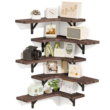 Fixwal Corner Floating Shelves Set of 5, Rustic Wood Wall Mounted Corner Shelf for Bathroom, Kitchen, Bedroom, Home Decor, Laundry Room, Living Room (Walnut Brown)