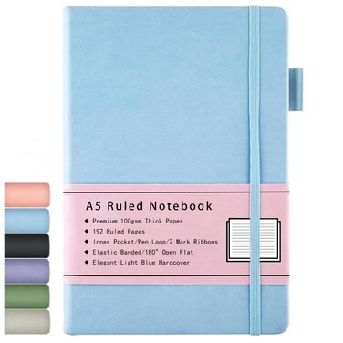 A5 Notebook, Hard Cover Ruled Journal with Premium 100 GSM Thick Paper, 192 Pages, Inner Pocket, Pen Loop, Elastic Banded, Faux Leather Cover, 14.5X21.3 cm (Blue)