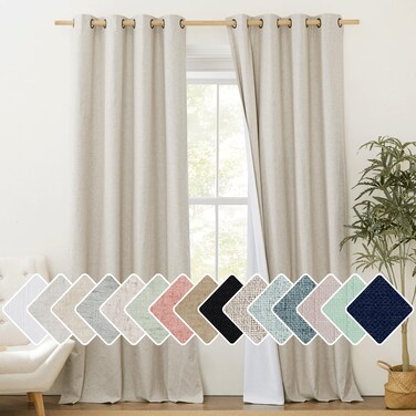 NICETOWN Full Blackout Natural Linen Cold Reducing Curtains 102" Length with Thermal Insulated Liners for Living Room, 2 Panels, 52 inches W, Farmhouse Style Keep Warm Large Window Draperies for Hall