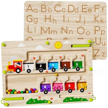 2 in 1 Magnetic Color and Number Maze + ABC Alphabet Tracing Board, Wooden Montessori Toys for 2 3 4 5 Year Old, Preschool Learning Activities, Christmas Birthday Gift for Toddler Boys &amp; Girls