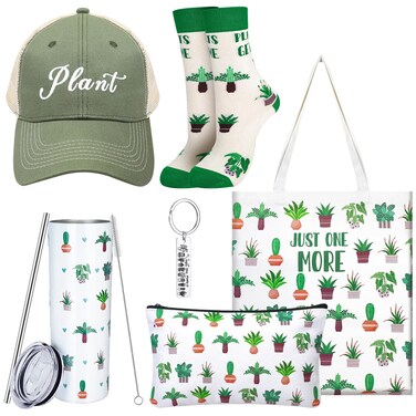 Yaomiao 6 Pcs Plant Gifts Include 20oz Wine Stainless Steel Tumbler Mug Cup with Straw Hat Cosmetic Bag Tote Bag Keychain Sock for Women Plant Crazy Lover Gardening Mom