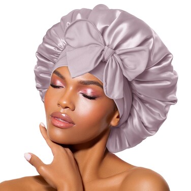 BONNET QUEEN Satin Bonnet Silk Bonnet for Sleeping Women Hair Bonnet Night Sleep Cap Scarf wrap for Curly Hair with tie Band Purplish Grey