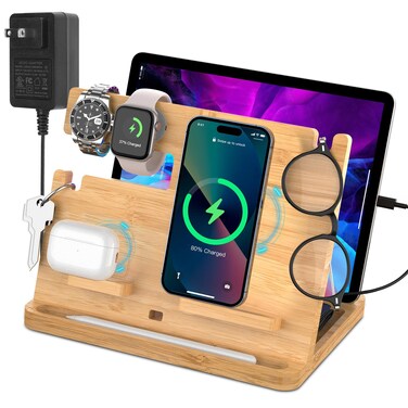 Bamboo Wireless Charging Station for iPhone, Fast Wireless Charger Stand for iPhone 14/13/12/11 Pro Max/X/Xs Max/8 and AirPods Pro and iWatch Series SE, 2-8