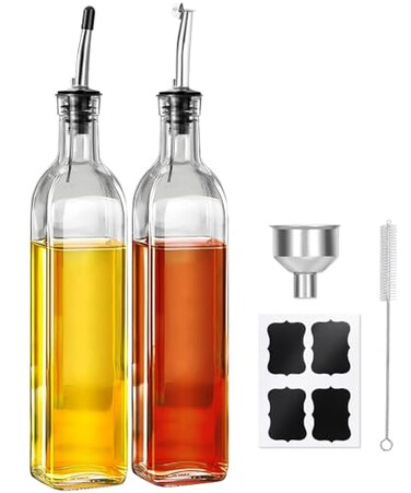 Olive Oil Dispenser Bottle, 2 Pcs Oil Dispenser for Kitchen, 17 oz Glass Olive Oil Bottle and Vinegar Dispenser Set with 2 Stainless Steel Pourers, 4 Labels,1 Brush and 1 Funnel