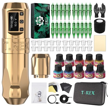 U-REX Tattoo Gun Kit Wireless Tattoo Machine Kit, Complete Tattoo Kit with Japan Coreless Motor, Rotary Tattoo Pen Kit with Tattoo Ink &amp; Mixed Cartridge Needles, for Beginners &amp; Professional Artists