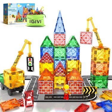 Magnetic Tiles Road Set with Magnet Crane Car Toys, Construction Toys for Kids Ages 3-5 4-8 5-7, Creative Magnetic Building Blocks Toddler Toys, Gifts for 3+ Year Old Boys &amp; Girls