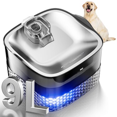 Dog Water Fountain for Large Dogs, 305oz/2.4Gal/9L Large Automatic Pet Water Dispenser with Stainless Steel Lid, Cat Water Fountain Dog Water Bowl with 2 Replacement Filters