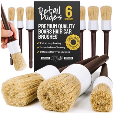 Soft Boars Hair Car Detailing Brush Set for Washing (6 Pack) - Interior Car Detailing Kit - Automotive Interior Dusting Brush - Auto Cleaning Supplies