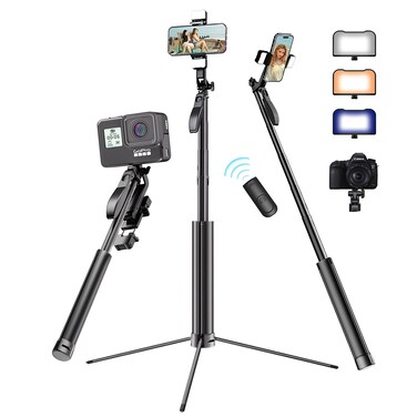 ADYSS 67"" Metal Phone Tripod, Selfie Stick Tripod for iPhone with Remote 360&deg; Rotating Balance Handle Phone Stand Tripod with RGB Light, Compatible with iPhone 15/14/13 Pro Max/Android/GoPro, Black