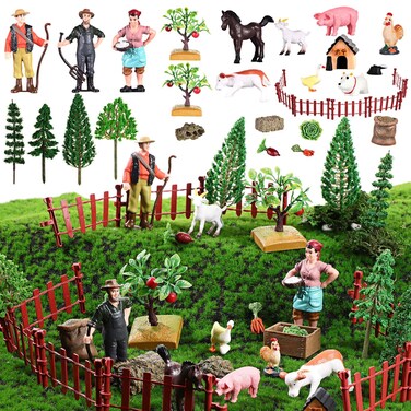 27 Pcs Farm Toys Set, 3 Little Farmer Figurines 9 Plastic Animals Figurines 10 Feed Food Fence Playset 4 Model Trees 1 Moss Mat Animal Farm Toys for Educational School Project Gift
