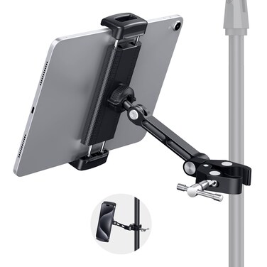 CreaDream Tablet Holder for Microphone Stand, Aluminum Mic Music Stand Holder Mount for Phone and iPad, Adjustable Tablet Holder Compatible with Devices from 4.7 to 13 inch Tablets &amp; Smartphones