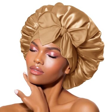 BONNET QUEEN Silk Bonnet for Sleeping Women Satin Bonnet Hair Bonnet Night Sleep Cap Scarf wrap for Curly Hair with tie Band Gold