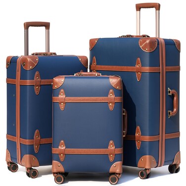 NZBZ Vintage Luggage Sets for Women, PU Leather Retro Suitcase, Vintage Trunk Luggage 3 Pieces, Vintage Suitcase Set (Blue, 20inch &amp; 24inch &amp; 28inch)