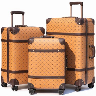 NZBZ Vintage Luggage Sets for Women, 3 Piece Faux Leather Retro Luggage Sets, Retro Lightweight Spinner Suitcases, Vintage Suitcase Set (Orange Brown, 20inch &amp; 24inch &amp; 28inch)