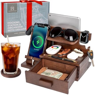 Wood Phone Docking Station with Drawer, Compatible With Apple Watch and MagSafe - Wood Charging Station Organizer Stand, Bedside Nightstand Organizer for Men, Holds Phone, Tablet, Keys, Glasses, EDC