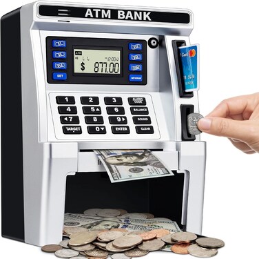 ATM Piggy Bank for Kids, ATM Machine for Real Money with Debit Card, Bill Feeder, Coin Recognition, Balance Calculator, Electronic Savings Safe Box, Gifts for Teen Boys Girls