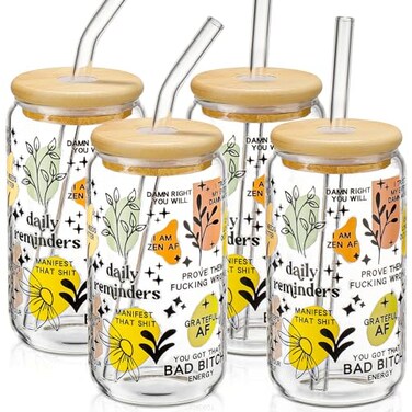 Glass Cups with Lids and Straws with Design 4 pcs?Daily Reminder?,Clear Glass Cups 16 oz-DWTS Glass Tumbler,Cute Design Glass Iced Coffee Cups Mental Health Positive