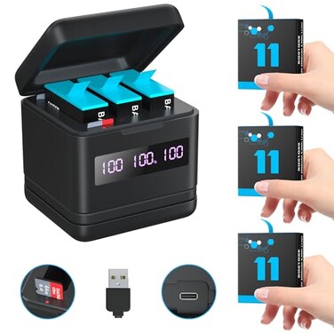 Replacement Batteries 2000mAh(3-Pack) for Hero 12/11/10/9 &amp; Storage Fast Charger with High-Speed Micro SD Card Reader Function, Fully Compatible with Gopro 12/11/10/9 Original Battery and Charger