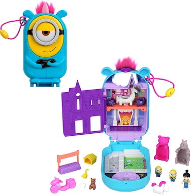 Polly Pocket &amp; Minions Playset with 1 Doll, 2 Minions Figures &amp; Fluffy The Unicorn Toy, Collectible Compact with 9 Accessories