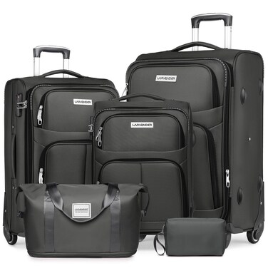 LARVENDER Luggage Sets 5 Piece Softside Expandable Suitcases Set with Spinner Wheels TSA Lock, Lightweight Soft Shell Rolling Travel Luggage Set Clearance for Men and Women, Grey