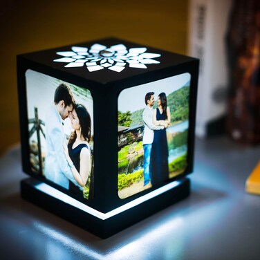 ZOCI VOCI Personalized Anniversary Couples Gifts Customized Rotating LED Picture Frame with 4 Photos, Personalised Wedding Gifts Couples 2024 (Black Medium)