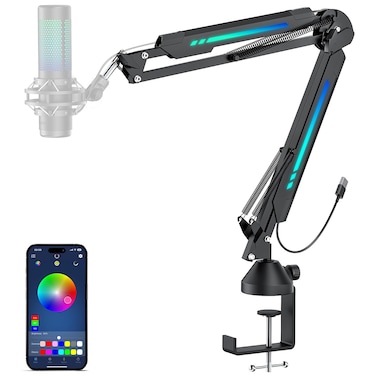 TONOR Mic Boom Arm with RGB, Microphone Arm with Desk Mount Clamp, App Control RGB Mode, Adapter, Cable Management, Compatible with HyperX Quadcast, Blue Yeti, for Streaming, Gaming, Studio, T20S