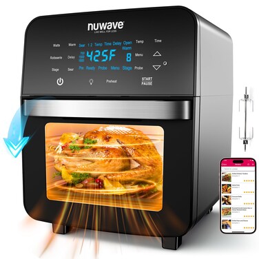 Nuwave Brio 15.5Qt Air Fryer Toaster Oven &amp; Rotisserie Kit, 2024 New Advanced Turbo Convection Tech, Healthy PFAS Free, Max Even &amp; Crisp, Powerful 1800W, 50-425&deg;F, 150 Presets, Smart Probe, 4 Rack