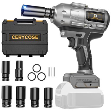 Cordless Impact Wrench 1/2 inch for Dewalt Battery 900FT-LBS with 6 Sockets and Durable Toolbox Brushless Impact Gun Includes LED Work Light (950Ft-lbs Wrench with 6 Sockets)