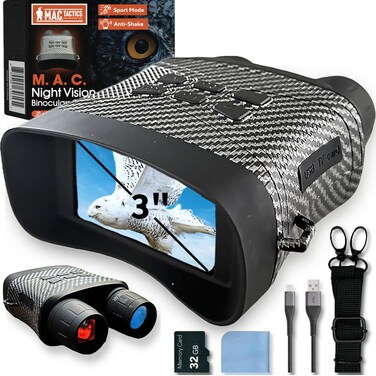 M. A. C. Tactics&reg; Night Vision Goggles 4K HD Infrared Night Vision Binoculars with 5X Digital Zoom, 3" Screen, Rechargeable Battery, Anti-Shake &amp; Motion Detection, and 32GB Card Photo, Video&amp;Security