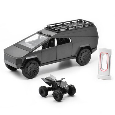 Cyber Truck Toy with Camper &amp; Cyber Quad for Kids Diecast 1/24 CyberTruck Model Car w/Lights, Sounds *Bonus Charging Station* Great Gifts for Teens &amp; Boys Toys Age 8-10 (Tactical Gray)